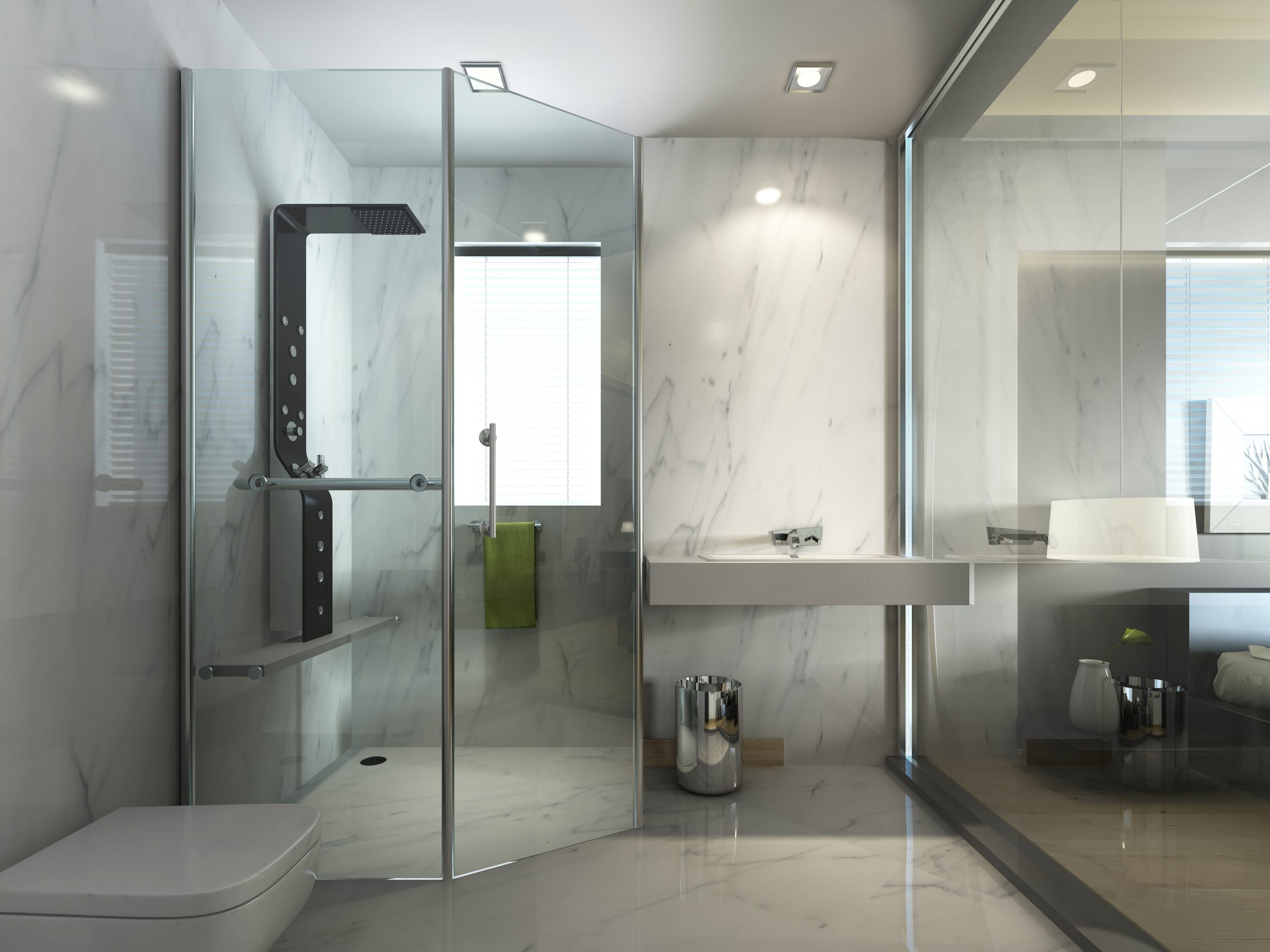 Transparent glass bathroom with shower and WC in contemporary style contemporary. 3D render.
